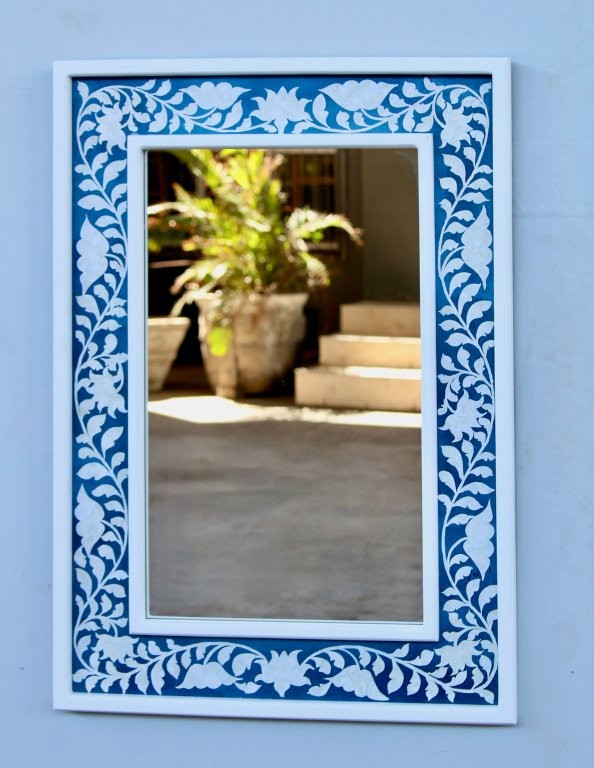 Wooden Blue & White Rectangular Mirror